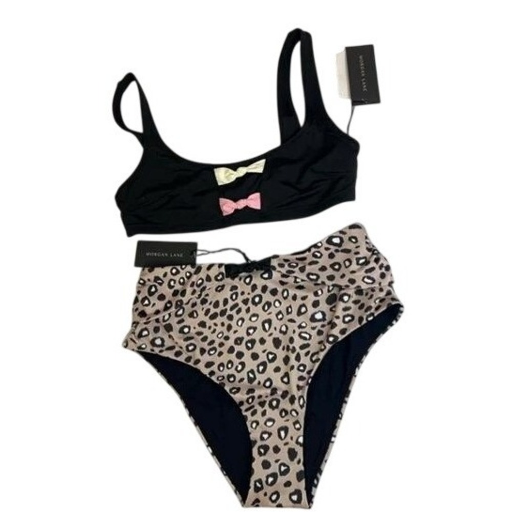 Morgan Lane‎ Bikini Women Small Black Leopard NWT Bow Accent High Waist Set